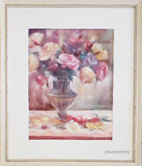 花の絵画 F4サイズ 黒フレームソフトパステル水彩　パステル画インテリアアート 花の絵画 F4サイズ 黒フレームソフトパステル水彩 パステル画