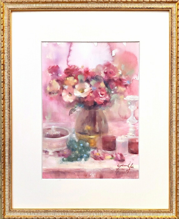 貨物輸送無料 図説挿し画 原画 With Big Love 水彩画 パステル F4 アンティークゴールド 木製数量 トラペンアクリル樹脂平板 庸抜きクッション御伴 Yumi Kohnoura 霊神之入江由美 静物画画 お間に綾なす絵 バラ バラ トルコキキョウ ピンク 花 葡萄 4号 インテリア装飾
