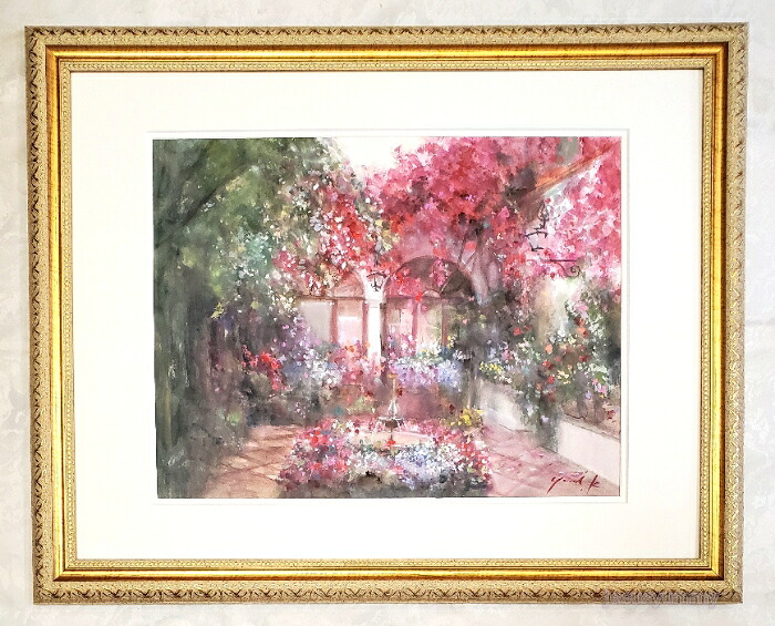 絵画　原画　「Mariage」　水彩/パステル　F6　アンティークゴールド木製額・デザインマット付き　お部屋に飾る絵　Yumi Kohnoura　神之浦由美　風景画　スペイン　コルドバ　パティオ　花【現品限り】｜ＪＥＳＵＳ　ＹＵＭＭＹ