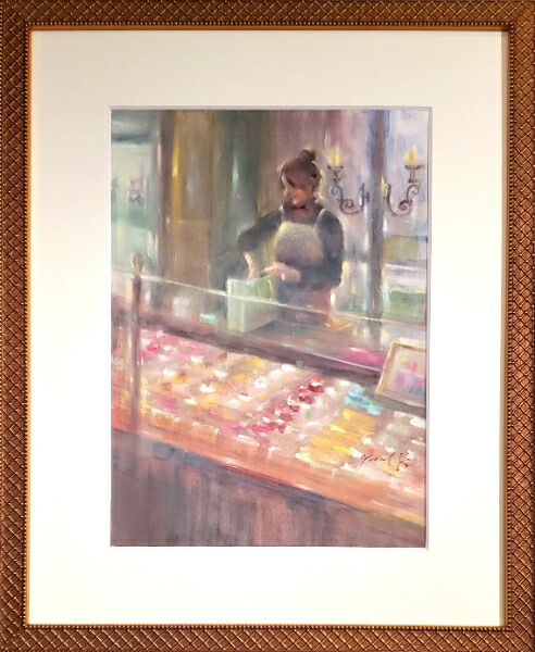 送料無料 絵画 原画 パリのパティスリー 水彩 パステル F4 お部屋に飾る絵 アンティークゴールド木製額 デザインマット付き Yumi Kohnoura 神之浦由美 風景画 フランス ケーキ屋さん 現品限り Andapt Com