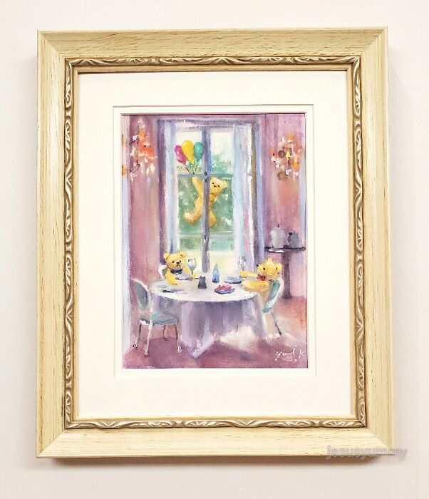 絵画 「クマ達のお祝い」 水彩/パステル 原画 静物画 風景画 お部屋に飾る絵 アンティーク ホワイト×シルバー フレーム ヨーロピアンインテリア 額縁 Yumi Kohnoura 神之浦由美 フランス レストラン 風景 テディベア【現品限り】|JESUS YUMMY