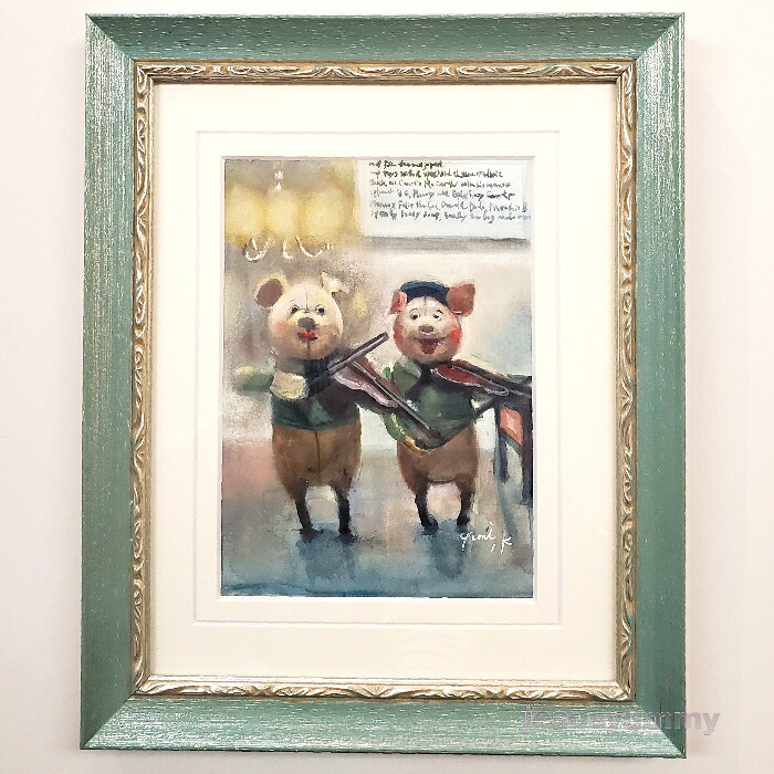 絵画　「brothers 2」　水彩/パステル　原画　静物画　風景画　絵　お部屋に飾る絵　アンティークブルー&times;シルバー　ヨーロピアンインテリア　額縁　Yumi Kohnoura　神之浦由美　壁掛け　ドイツ　ブタ　子豚　バイオリン【現品限り】｜ＪＥＳＵＳ　ＹＵＭＭＹ