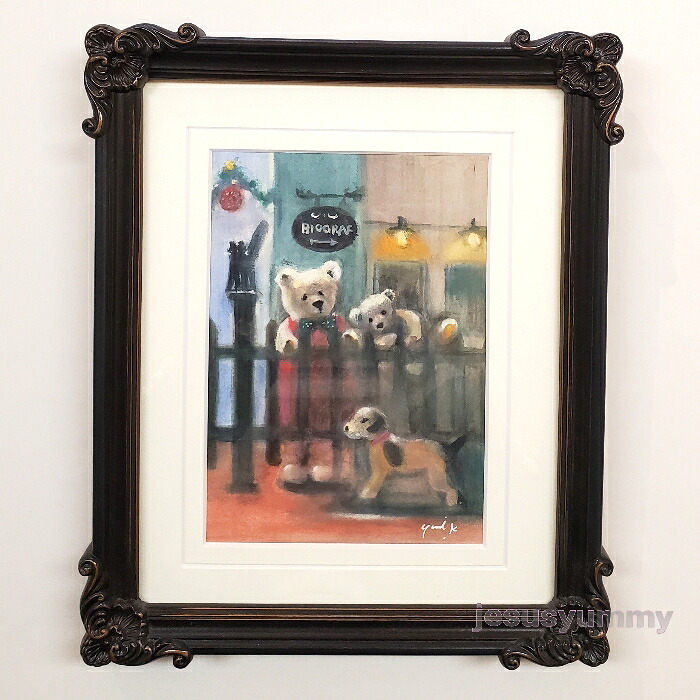絵画 「bothered mom 2」 水彩/パステル 原画 静物画 風景画 絵 お部屋に飾る絵 アンティークブラック ヨーロピアンインテリア 額縁 Yumi Kohnoura 神之浦由美 壁掛け・卓上両用 ドイツ テディベア 犬【現品限り】|JESUS YUMMY