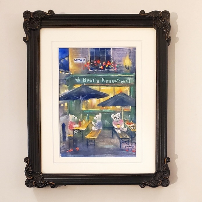 絵画　「クマ達のアフターファイブ」　水彩/パステル　原画　静物画　風景画　お部屋に飾る絵　アンティーク　ブラック　フレーム付　壁掛・卓上両用　ヨーロピアンインテリア　Yumi Kohnoura　神之浦由美　イギリス　ロンドン　テディベア【現品限り】｜ＪＥＳＵＳ　ＹＵＭＭＹ 28,116円