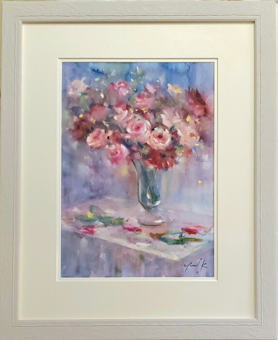 花の絵画 F4サイズ 黒フレームソフトパステル水彩　パステル画インテリアアート 花の絵画 F4サイズ 黒フレームソフトパステル水彩 パステル画