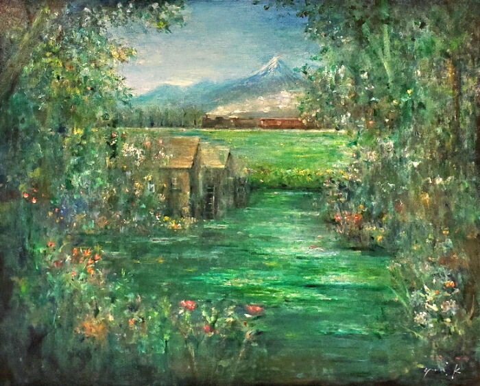絵画 インテリア　絵　額付 (黒）油絵　uF6-111309　風景（朝陽、夕陽） メルカリ絵画 絵 額付き(黒）油絵 uF6-111309 風景（朝陽、夕陽