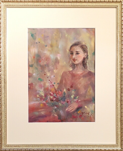 女性の絵 水彩画 原画 額付き「薔薇色の頬