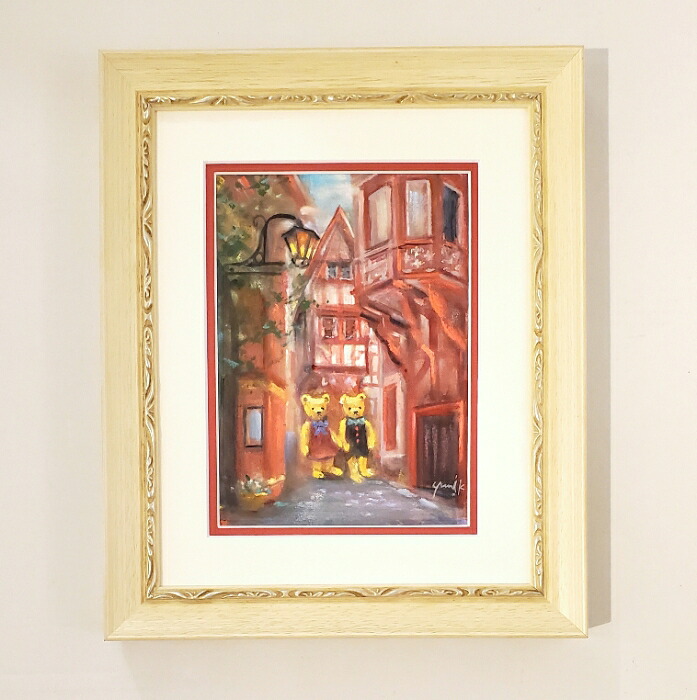 絵画 「クマ達のおでかけ」 水彩/パステル 原画 お部屋に飾る絵 アンティーク ホワイト×シルバー フレーム ヨーロピアンインテリア 額縁 Yumi Kohnoura 神之浦由美 ドイツ レストラン カフェ 風景 テディベア|JESUS YUMMY