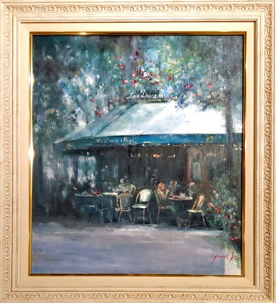 絵画　「木漏れ日のカフェテラス」　油彩画　油絵　原画　風景画　F10　2022　フランス　パリ　カフェ　レストラン　お部屋に飾る絵　Yumi Kohnoura　神之浦由美　ヨーロピアンインテリア　額縁付き【現品限り】