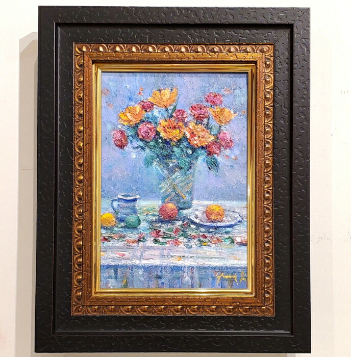 絵画　「おもてなしのテーブル」　油彩画　油絵　原画　静物画　SM　お部屋に飾る絵　木製　額縁付き　Yumi Kohnoura　神之浦由美　花の絵画　チューリップ　バラ　アート作品　【現品限り】｜ＪＥＳＵＳ　ＹＵＭＭＹ