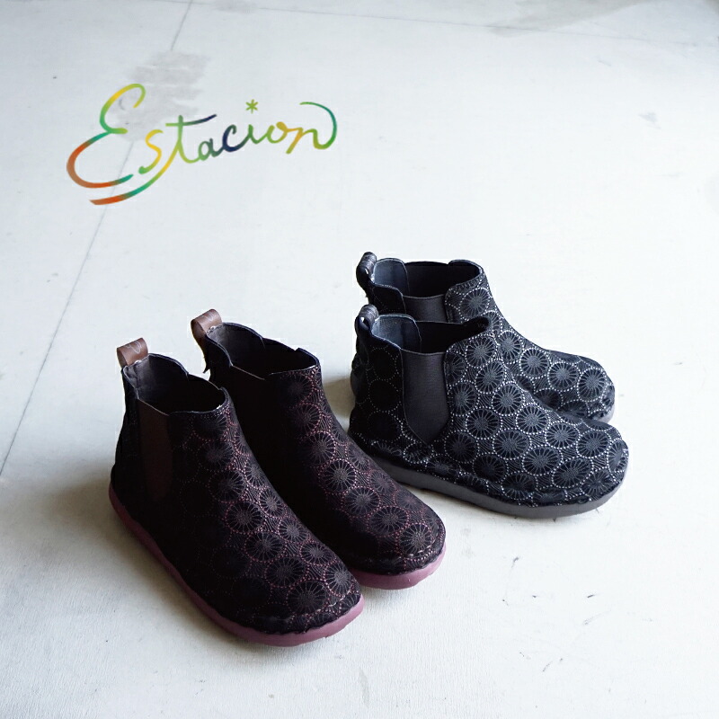 Estacion エスタシオン和柄モチーフサイドゴアレザーショートブーツTGE554
