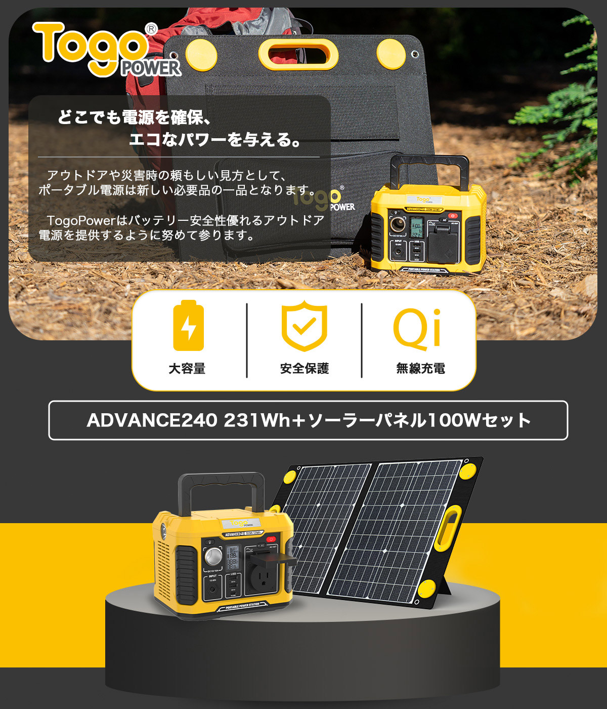 特価キャンペーン ポータブル電源セット 大容量 231Wh 62400mAh 高出力 200W ソーラーパネル 100W 23.5% 高効率 純正弦波  ワイヤレス充電 50Hz 60Hz兼用 防塵防水 アウトドア 車中泊 キャンプ 非常用電源 防災グッズ 停電対策 家庭用蓄電池 発電機 防災推奨  PSE認証済 ...