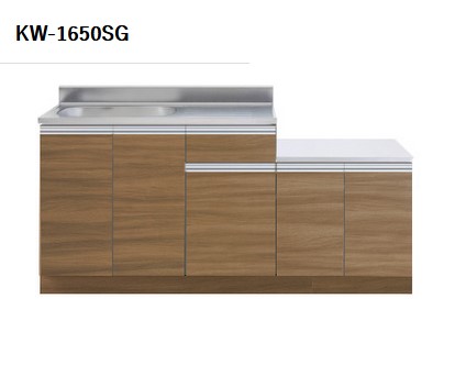 アイオ産業 KWシリーズ　品番KW1650SG　貸家　アパート　一連式流し台 左シンク（右側シンクもあります）間口165センチ　奥行55センチ　高さ80センチ　バックガード迄90センチ カラー4色 【アイオ条件エリア内限定送料無料・エリア外は比較的送料高額負担となります】