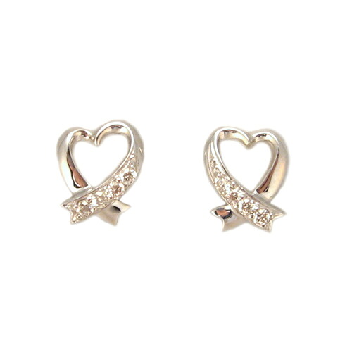 ホワイトゴールド ダイヤモンド入り オープンハート リボン ピアス|Jewellery SHIBATA