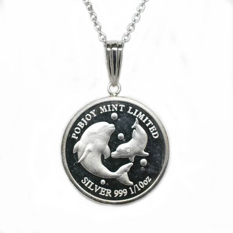 純銀　イルカ コイン Pobjoy Mint　 1/10オンス　ネックレス(シルバー925チェーン付き) POBJOY MINT LIMITED SILVER 999 1/10 oz
