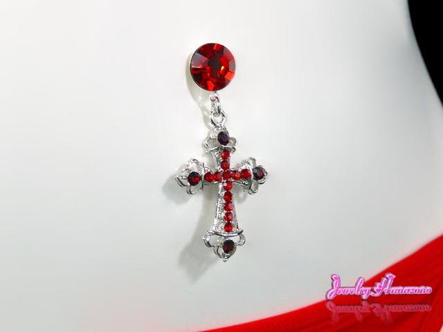 医療用両面テープで 貼るだけ 穴を開けない へそピアス ベリーピー クロス ラインストーン ライトシャム レッド 11mm 十字架 Giosenglish Com