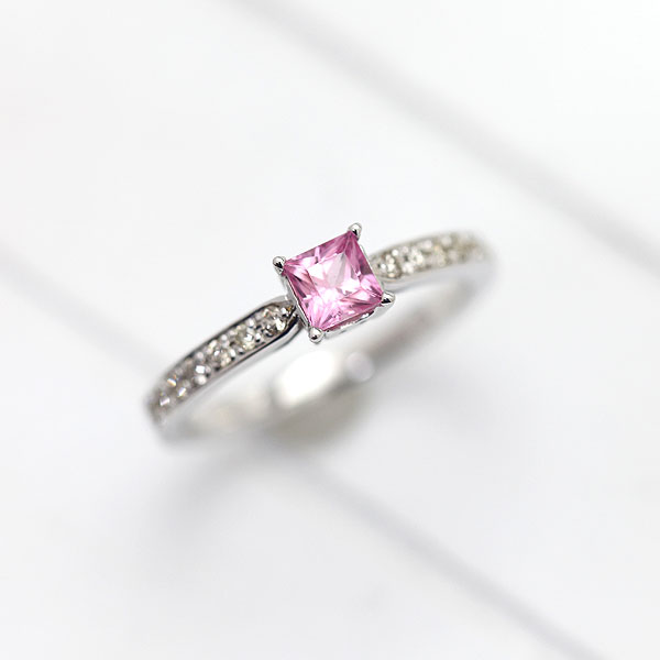 指輪 レディース K18WG ホワイトゴールド プリンセスカット ピンクサファイア 0.45ct ダイヤモンド 0.14ct ダイヤリング 18金 18k クリスマス リング カラーストーン 四角 プレゼント ジュエリー