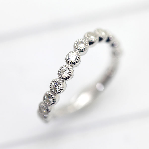 結婚指輪 レディース K18WG ホワイトゴールド ダイヤモンド0.26ct ハーフエタニティ S字 ウェーブライン ミル打ちリング アンティーク風 単品リング マリッジリング プレゼント 彼女 クリスマス｜株）オーダーメイドジュエリーメイ