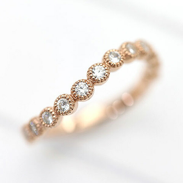 結婚指輪 レディース K18PG ピンクゴールド ダイヤモンド0.26ct ハーフエタニティ S字 ウェーブライン ミル打ちリング アンティーク風 単品リング マリッジリング プレゼント 彼女 クリスマス｜株）オーダーメイドジュエリーメイ