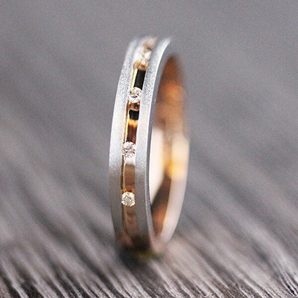 指輪 リング ダイヤモンド 18金 18k ピンクゴールド プラチナ コンビ 結婚指輪 メンズ マリッジリング レール留め ストレート 記念日 プレゼント K18PG PT900 ダイヤ 0.05ct つや消し マット 彼氏 夫 クリスマス