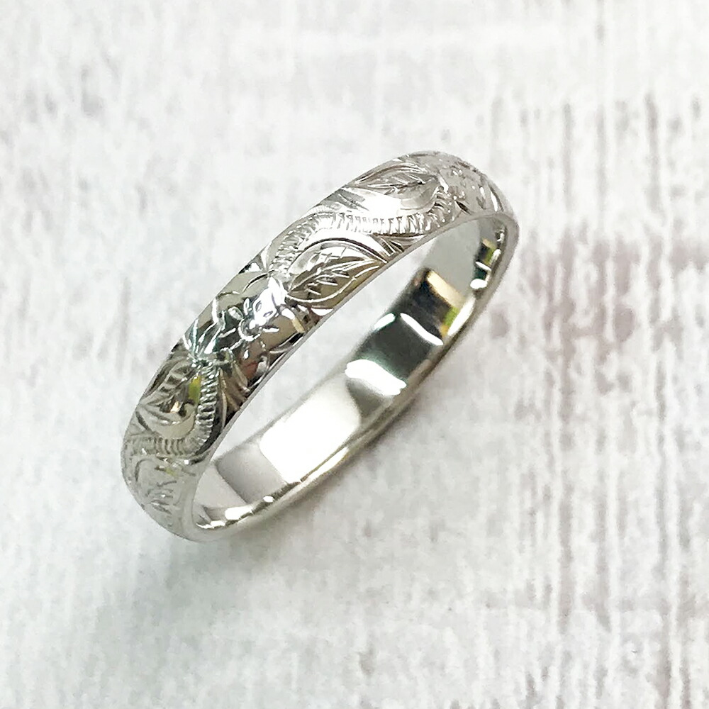 結婚指輪 メンズ K18 ホワイトゴールド ハワイアンジュエリー プルメリア マイレ 花 葉 波 手彫り彫刻 プレゼント 彼女 クリスマス|株)オーダーメイドジュエリーメイ