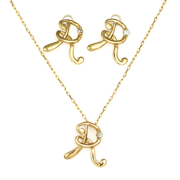 【ポイント10倍！4/4(土)～9(木)迄】18金 K18 18k ダイヤモンド R イニシャル ピアス ネックレス セット商品 筆記体 人気 おすすめ 記念 末広