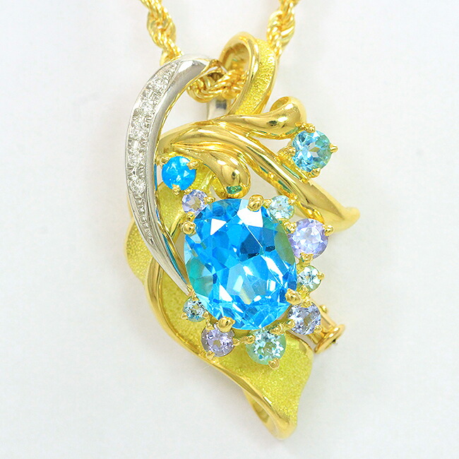 ネックレス ブローチ両用 ブルートパーズ 3.43ct ダイヤモンド計0.05ct/タンザナイト/アパタイト 18金イエローゴールド(K18YG)/プラチナ(Pt900) 【中古】 ジュエリー 【新品仕上げ済み】netshop
