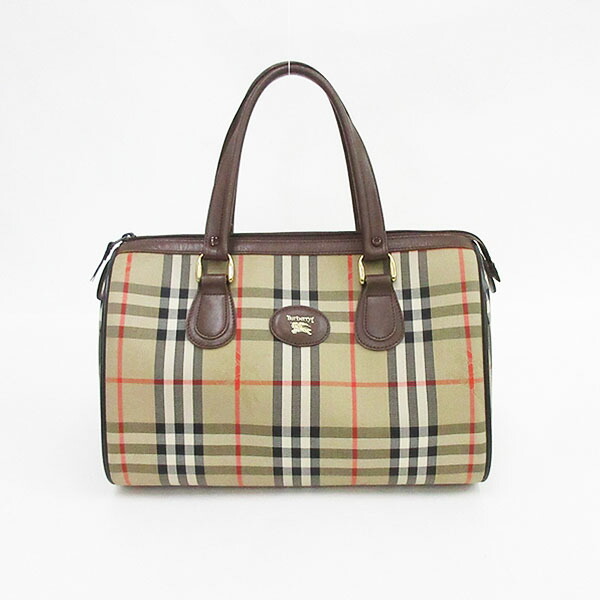BURBERRY(バーバリー) チェック柄 ボストンバッグ 茶 ブラウン キャンバス×レザー【ブランドバッグ】 【中古】 netshop