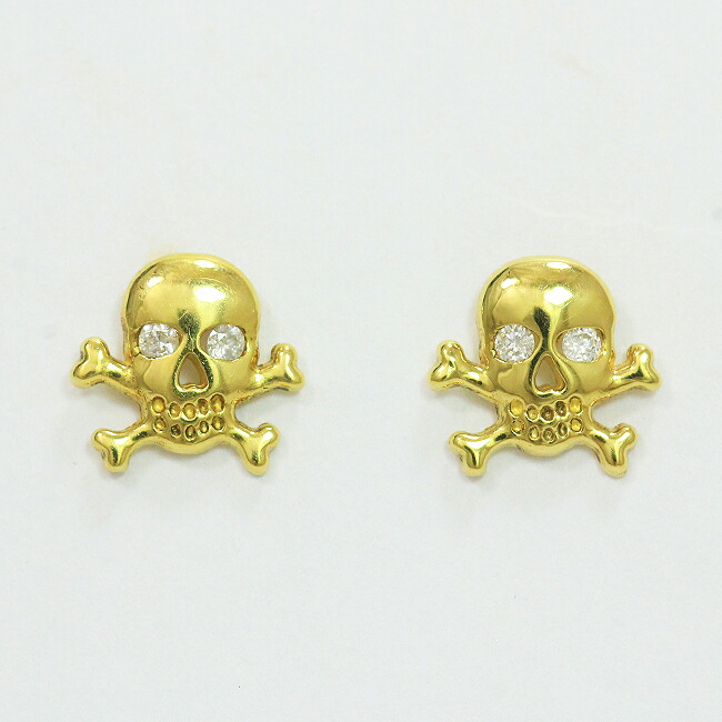 スカル ダイヤモンド 計0.03ct×2 ピアス 18金イエローゴールド(K18YG) 【中古】 ジュエリー 【新品仕上げ/クリーニング済み】 netshop