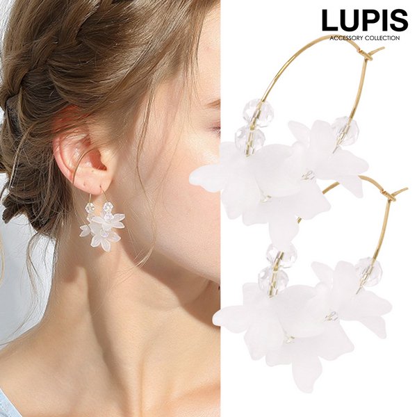 楽天市場 お買い物マラソン限定クーポン配布中 フラワーフープピアス レディース ペタル クリア 大ぶり 大きめ ビーズ おしゃれ かわいい 大人っぽい ルピス Lupis