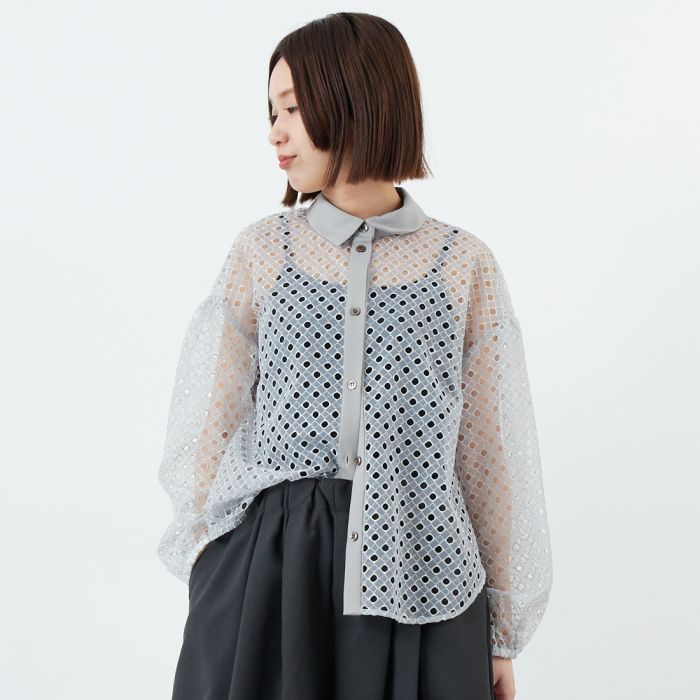 【送料無料】 STELLA CIFFON ステラシフォン ジオメトリーレース刺繍シャツ ST1-25403 レディース トップス 長袖 36 グレー/ブラック|JEANS FACTORY Online Shop