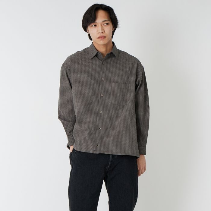 【貨物輸送無料】 SLICK スリック シアサッカーギンガムチェック ドローストリングシャツ 5120224 メンズ トップス 長袖 2026SS M/L 薄墨色/黒いこと