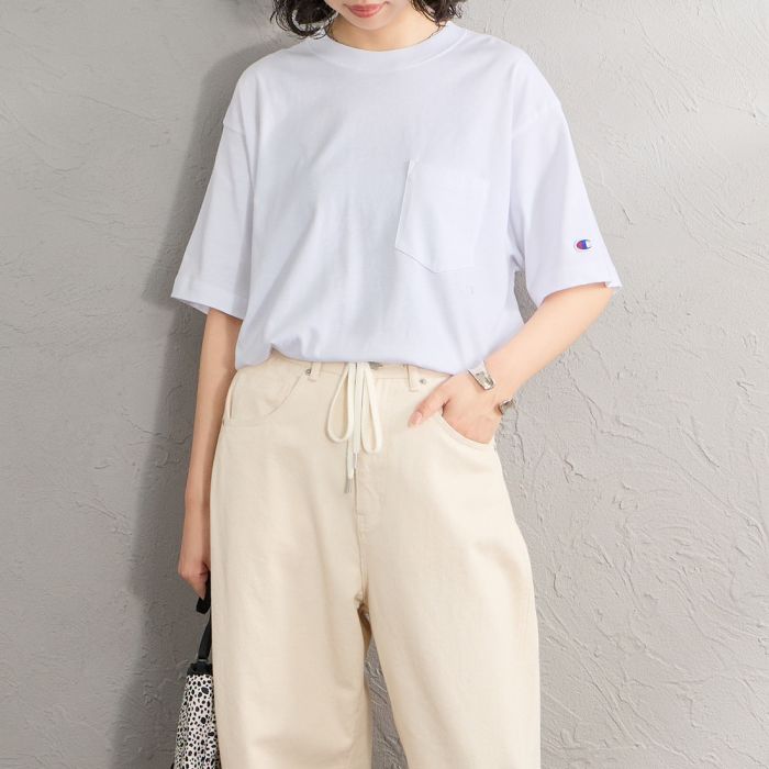 【送料無料】 Champion チャンピオン 別注 スリーアイコン ロゴ刺繍ポケットTシャツ C8-D334-JF レディース トップス 半袖 2026SS S 全8色