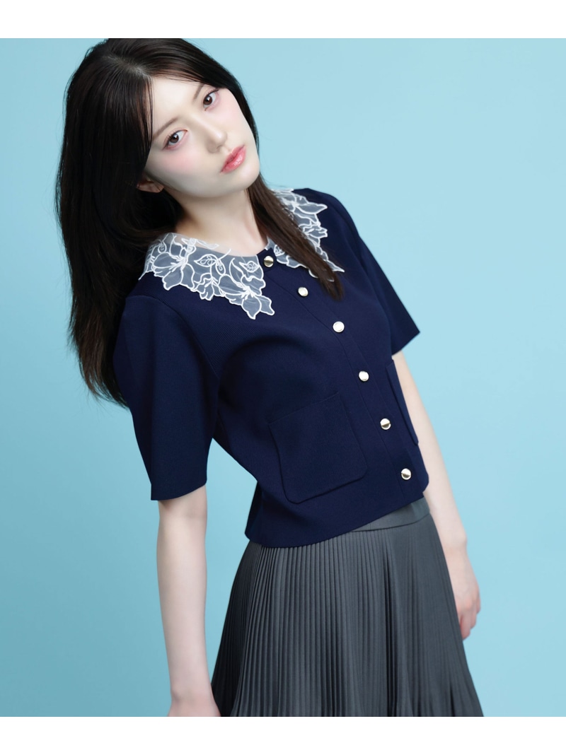 レース襟半袖ニットジャケット JILL by JILL STUART ジル バイ ジル スチュアート トップス ニット ネイビー ホワイト ブラウン【先行予約】*【送料無料】[ Fashion]｜JILL by JILL STUART