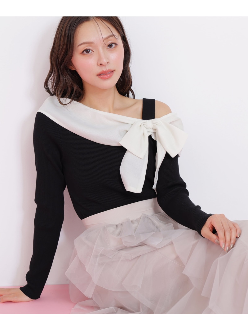 アシメリボンニット JILL by JILL STUART ジル バイ ジル スチュアート トップス ニット ブルー ホワイト ブラック【送料無料】[ Fashion]｜JILL by JILL STUART