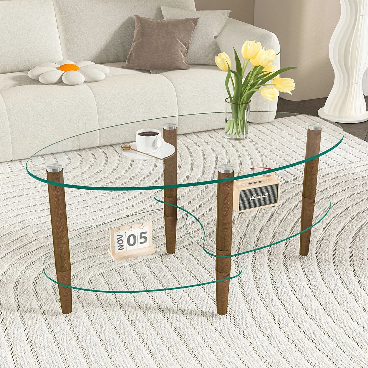 楽天市場】楕円形ガラスコーヒーテーブル 透明3段ガラス天板 オーク材