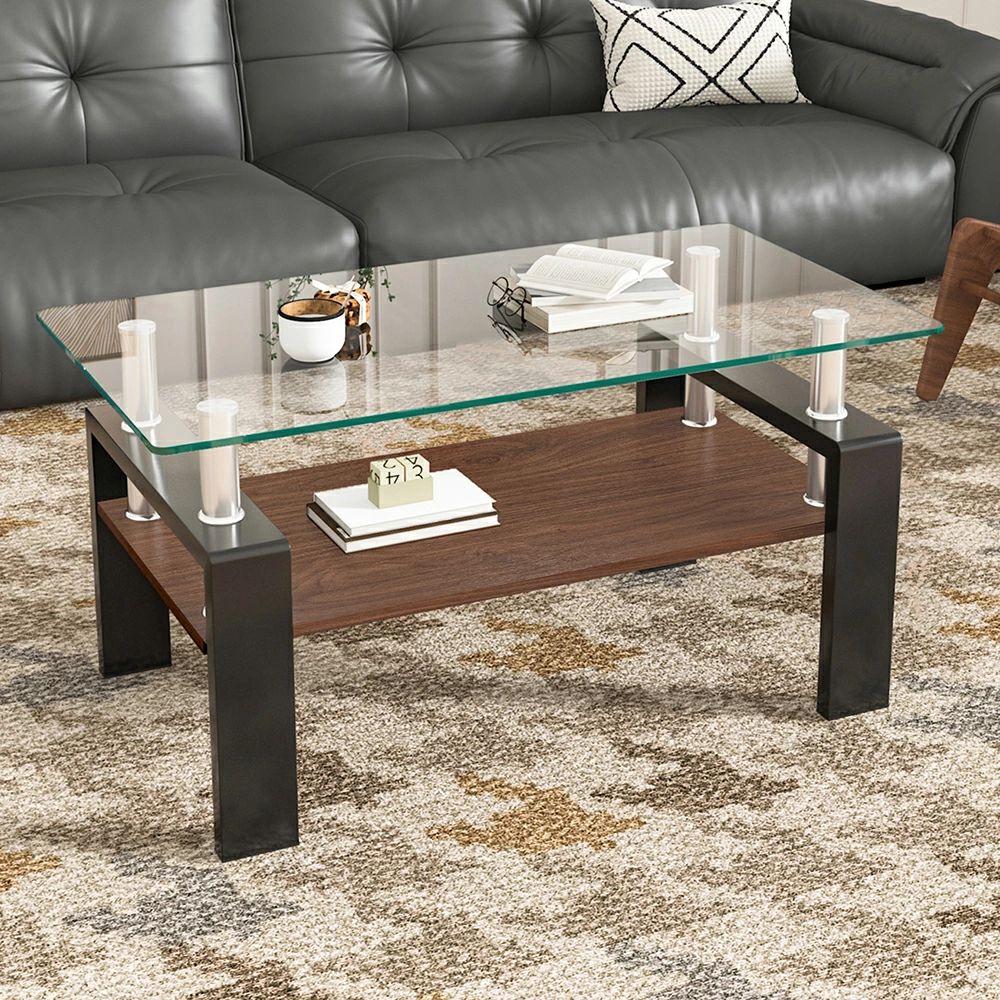 楽天市場】モダン長方形コーヒーテーブル 強化ガラス天板+MDF収納棚