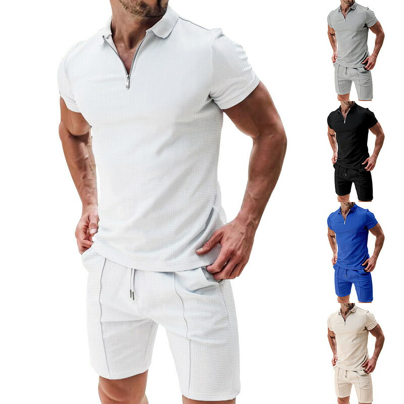 メンズ 半袖 ショートパンツ 上下セット 夏用 ワッフル 無地 カジュアル ゆったり 折り襟 ジッパー polo tシャツ 2点セット 男性用