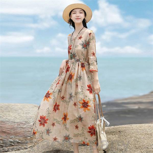 春夏 総柄 グリーン Vネック ロングワンピース ZARA ザラ 花柄 Vネック ロングワンピース グリーン EUR：M