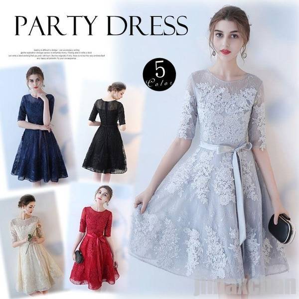 グレー レース パーティードレス 膝丈 楽天市場】新生活 パーティードレス 膝丈 結婚式 お呼ばれドレス