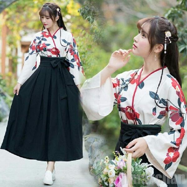 気楽 和柄　花柄　袴　上下セット 黒袴 or 赤袴 卒業式 入学式 成人式 着物 振袖 浴衣 プレゼント コスプレ 衣装 セパレート 舞台 演劇 椿 和装 和服 ハイカラ 個性的