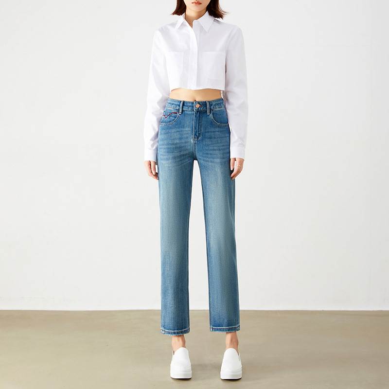 2タイプ 九分丈 ストレート デニムパンツ レディース パンツ ボトムス ストレートパンツ ロングパンツ 9分丈 ストレート ファスナー ポケット ハイウエスト ボタン ジッパー チャック デニム ブルーデニム カラーデニム 裏起毛 かわいい 大人可愛い きれいめ シンプル｜Jinrikisha店