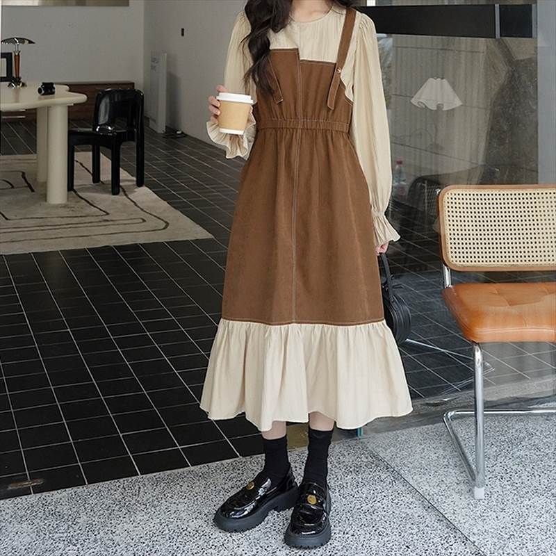 異素材ワンピース ドッキングワンピース レディース ワンピース ドレス ワンピドレス ロングワンピース 切り替えワンピース 長袖 ラウンドネック 異素材 切り替え 袖口フリル ロング丈 ミモレ丈 ウエストマーク 重ね着風 かわいい 大人可愛 韓国 オルチャン｜Jinrikisha店