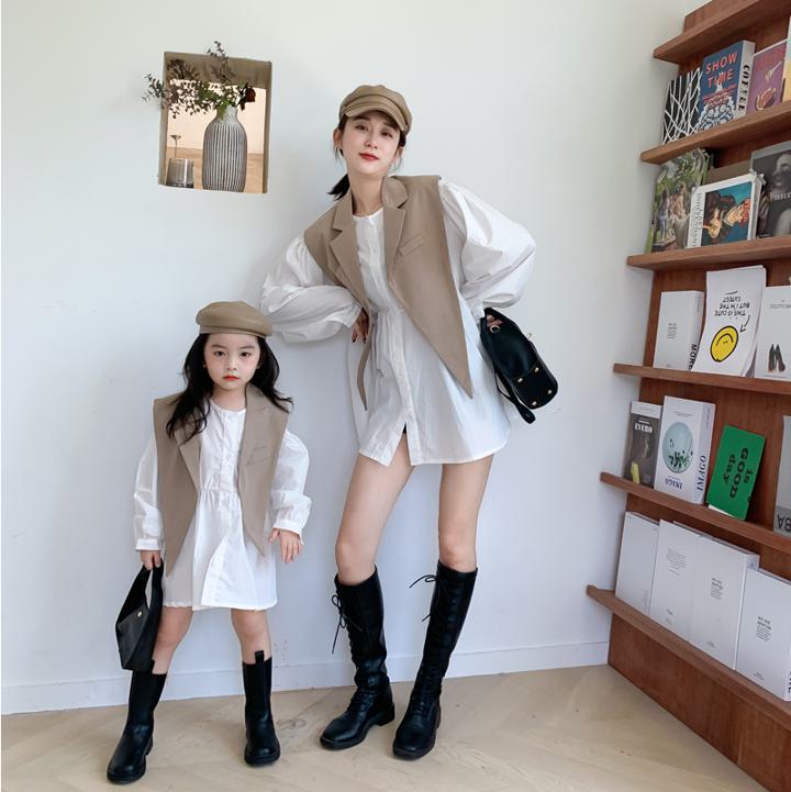 SET通貨価値☆【親子コーデ】親子 ペアコーデ 双生子コーデ ツイン ティーシャツ衣裳＋背広色合い膝掛け 背広 レディース 薄っぺら ラウンドのど首 a3227
