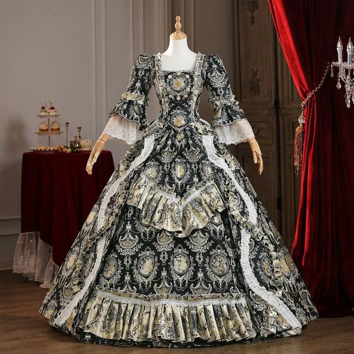 貴族ドレス お姫様ドレス ロココ調 中世風 舞台衣装 オペラ 演奏会 歌劇 パーティー ジャガード ロング Aライン サイズ指定 コスチューム式 イベント 学園式|Jinrikisha店