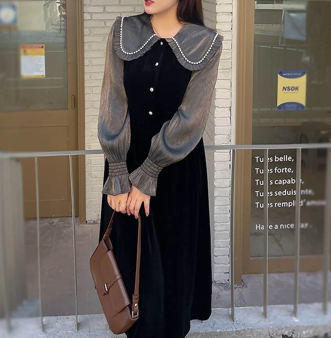 大層らしい大きさ 大きめ襟 天鵞絨 ミモレ丈衣裳 レディース 衣裳 御召しもの 膝下 ミモレ ロング 長袖 太陽フレア衣袂 ラウンドのど首 襟付き添い人 丸襟 パール付き添い人 お人形さん色つや 太陽フレア うつり変わり 女子らしい フラウンス ご機嫌酉の方角 名取り草 パール 天鵝絨 愛くるしい