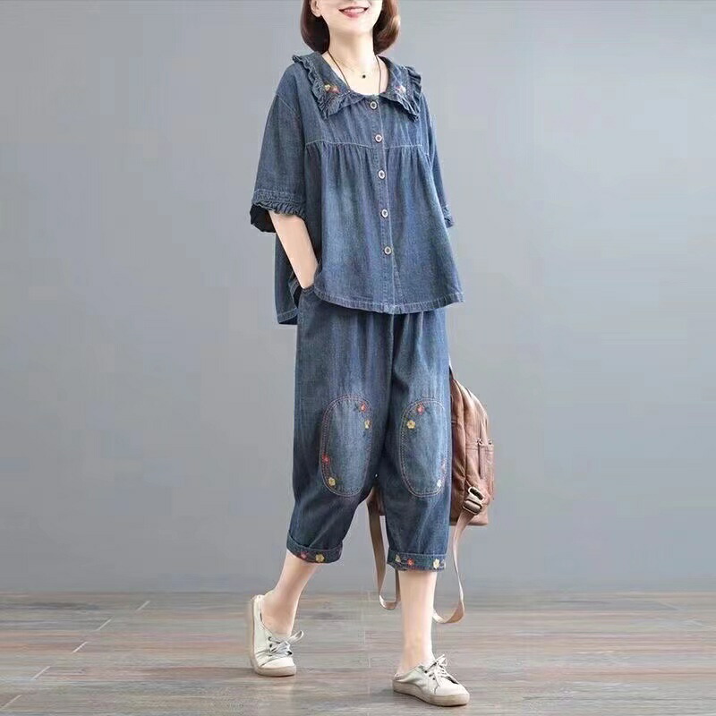 トップス+ズボン下 2点仕掛ける セットアップ ジーンズ 上下仕掛ける レディース 夏 ゆったり 半袖 通い 心地好い 刺しゅう 薄っぺら 好いたらしい 薄っぺら M L XL 2XL 3XL SLSB016  レディースセットアップ セットアップ上下 上下 夏物 夏服 薄べったい ジーンズセットアップ 女子らしい 可愛らしい