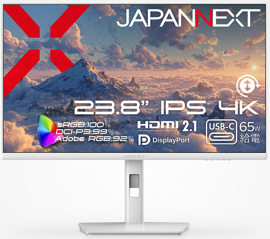 JAPANNEXT｜ジャパンネクスト 液晶ディスプレイ(23.8型/IPS(ADS)/4K UHD 3840×2160/60Hz/8ms/HDR/HDMI2.1/DP1.4/USB TYPE-C/VESA/PIP・PBP対応)(ホワイト)  JN-IPS238U-HSPC6-W