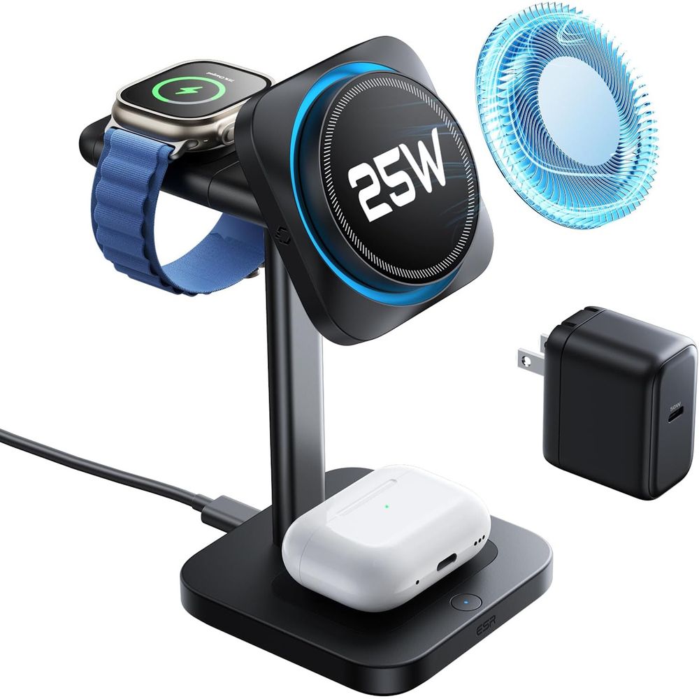 ESR Qi2相応うワイヤレススマホ申し受ける器 CryoBoost 3-インチ1磁石申し受けるステイション 25W（Black） iPhone、AirPods、Apple Watch 斉しく申し受ける 2C5880601 バッテリー・充電器-スマートフォン・タブレット