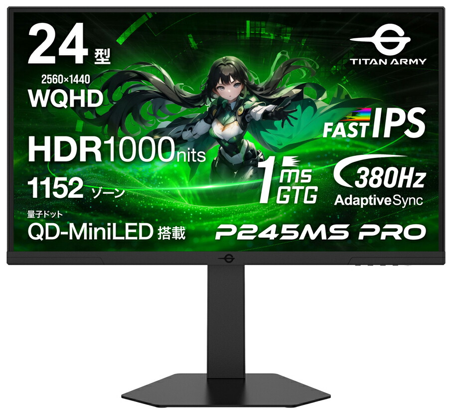 Titan Army｜タイタンアーミー ゲーミング液晶ディスプレイ(24型/FAST IPS/WQHD 2560×1440/380Hz/1ms/HDR1000/HDMI2.1/DP1.4/PBP・PIP対応/VESA)(ブラック) P245MS PRO